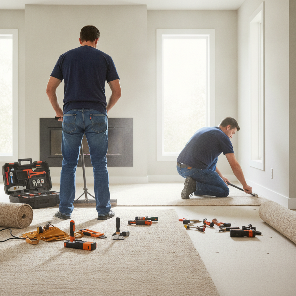 Create a realistic, professional service-business photograph showing Residential Carpet Installation from behind, with the backs of their heads visible. Do not show any faces, facial features, front-facing views or side views, profiles, or