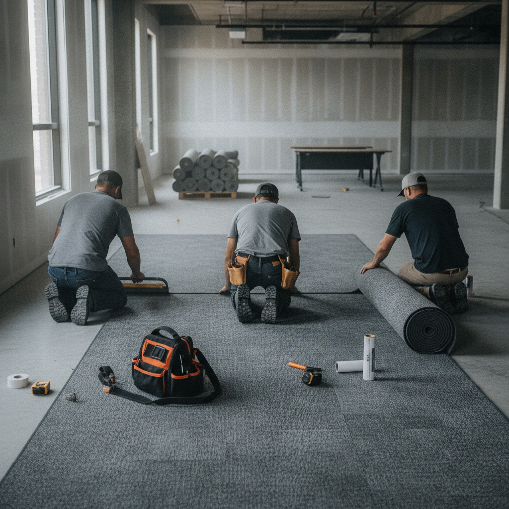 Create a realistic, professional service-business photograph showing Commercial Carpet Installation from behind, with the backs of their heads visible. Do not show any faces, facial features, front-facing views or side views, profiles, or i