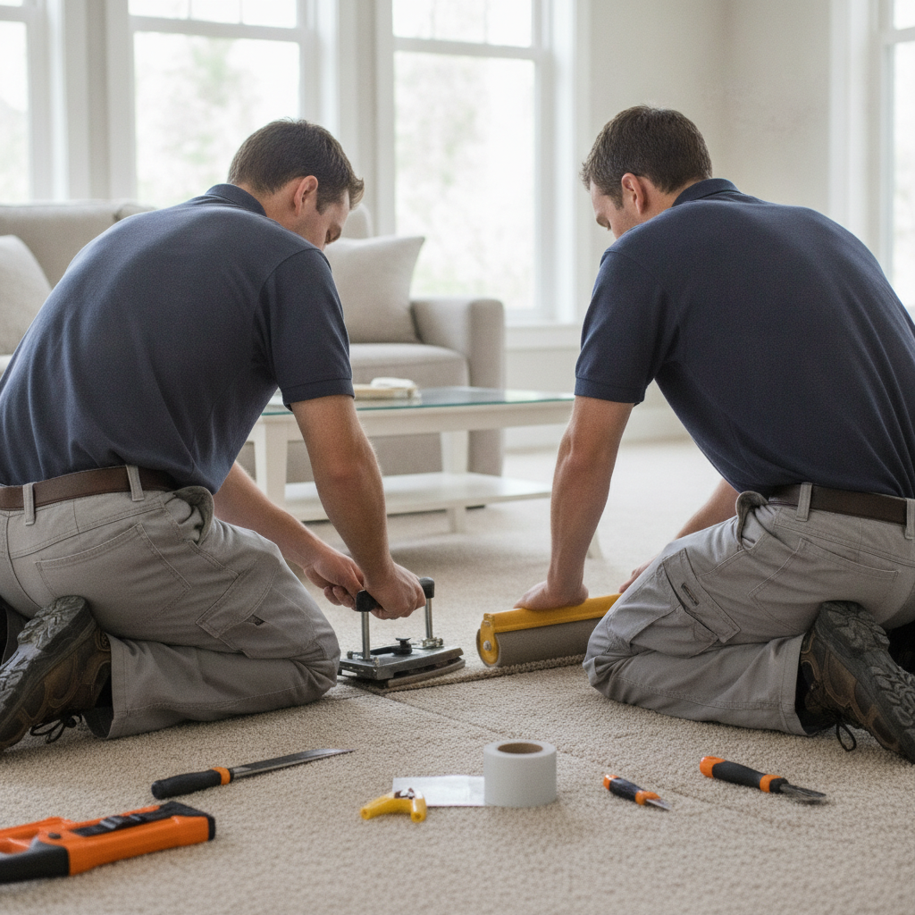 Create a realistic, professional service-business photograph showing Carpet Seam Repair from behind, with the backs of their heads visible. Do not show any faces, facial features, front-facing views or side views, profiles, or identifiable