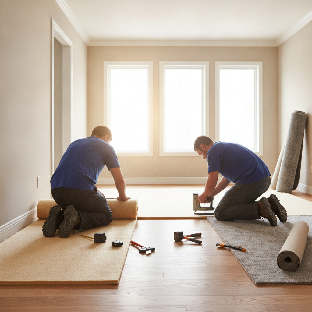 Create a realistic, professional service-business photograph showing Carpet Padding Installation from behind, with the backs of their heads visible. Do not show any faces, facial features, front-facing views or side views, profiles, or iden
